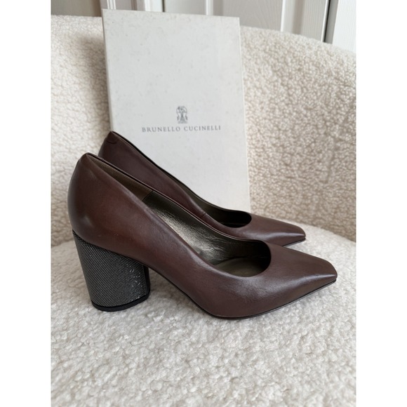 Brunello Cucinelli Shoes - NWT Brunello Cucinelli - Brown Leather And Caviar Beads Block Heel‎ Size 37